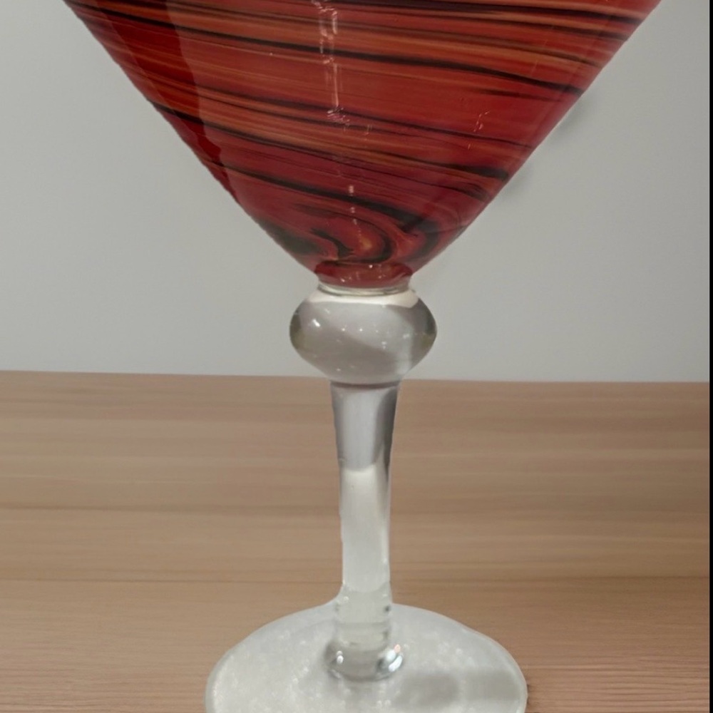 2 Pier 1 Hand Blown Red, Orange, Black Swirls Martini Margarita Glasses 7" Solid - Picture 3 of 6